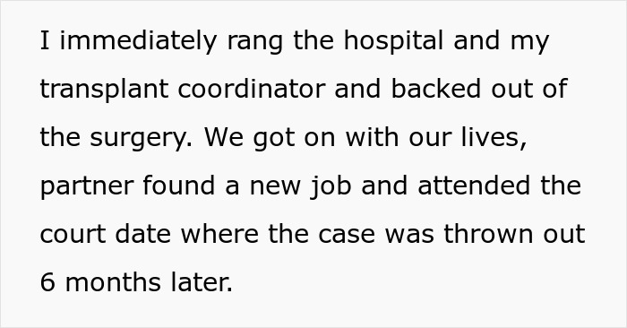 Text excerpt describing backing out of surgery and court case thrown out related to refusing donate liver lawsuit situation.