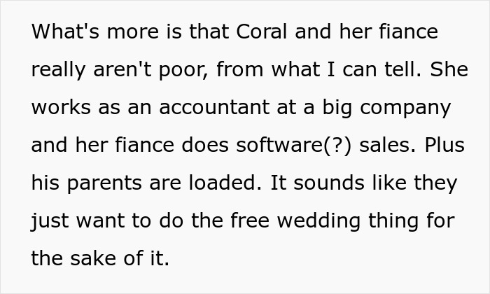 Text excerpt discussing a bride’s plan to throw an elaborate wedding without spending money and facing a reality check. Text excerpt discussing a bride’s plan to throw an elaborate wedding without spending money and facing a reality check.
