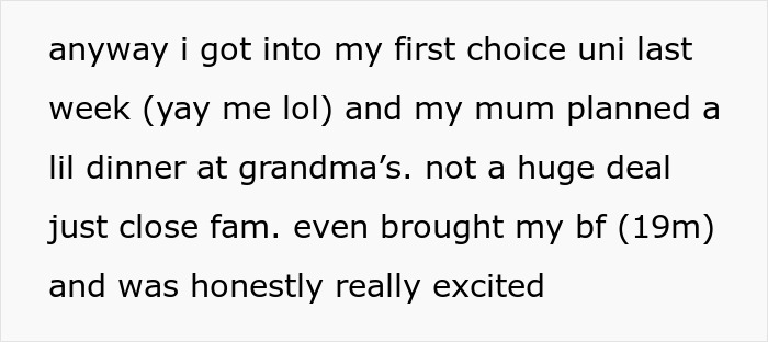 Teen loses patience as golden child cousin steals the spotlight during celebration with family dinner. Teen loses patience as golden child cousin steals the spotlight during celebration with family dinner.