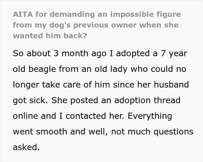 Woman adopts dog and faces harassment from previous owners over name, food, and vet changes after adoption.