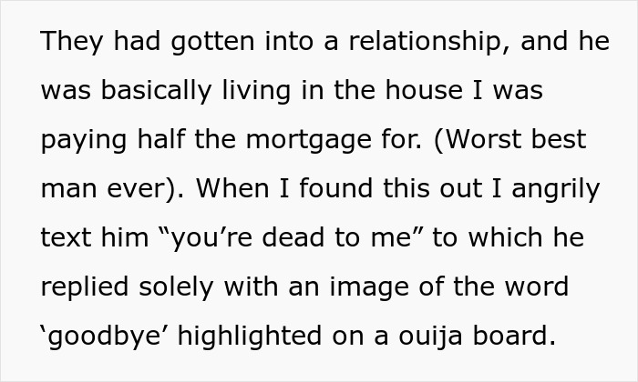 Text excerpt describing a man discovering his ex-wife’s affair with his best man and fearing for his current girlfriend.