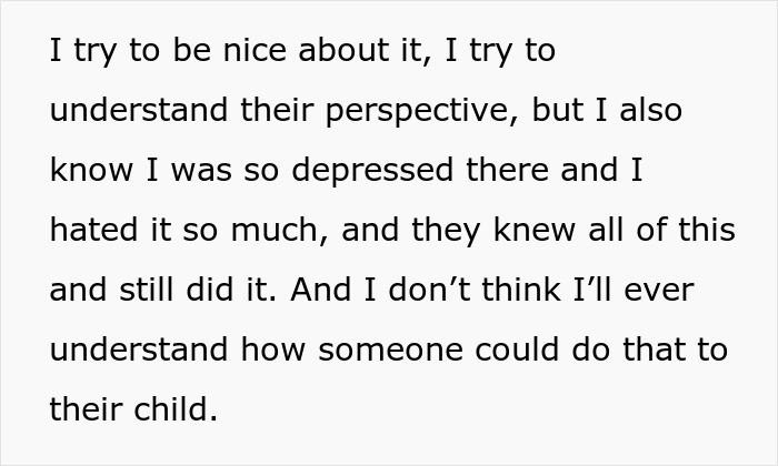 Text excerpt discussing teen's depression and anger after being sent to boarding school by parents.