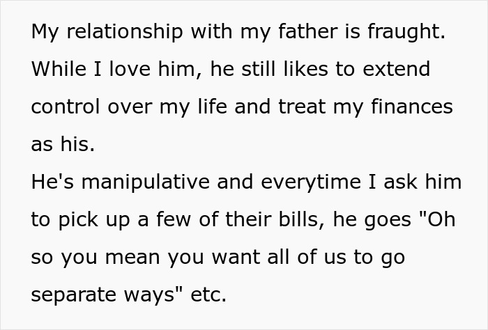 Text excerpt about manipulative parents exploiting their 30-year-old daughter financially and emotionally.