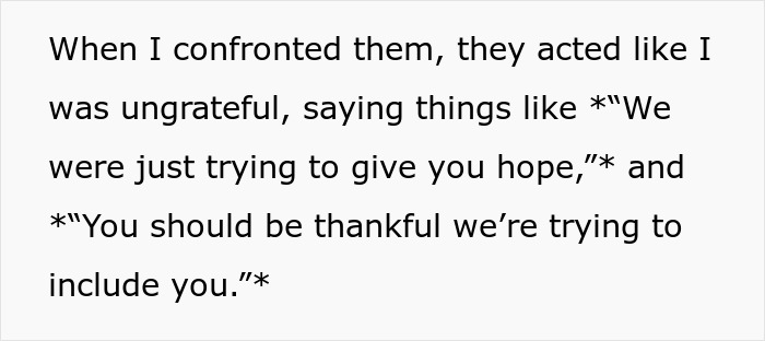 Text excerpt showing a woman's confrontation with family amid drama over a bizarre fake adoption plan. Text excerpt showing a woman's confrontation with family amid drama over a bizarre fake adoption plan.