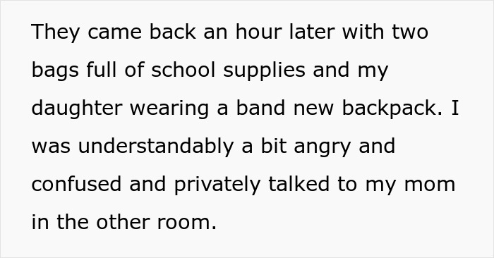 Text excerpt describing a single mom feeling angry and confused after buying school supplies and discussing with her mom. Text excerpt describing a single mom feeling angry and confused after buying school supplies and discussing with her mom.