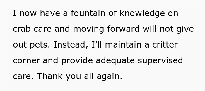 Text showing a teacher explaining plans to stop giving kids hermit crabs as pets and provide supervised care instead. Text showing a teacher explaining plans to stop giving kids hermit crabs as pets and provide supervised care instead.