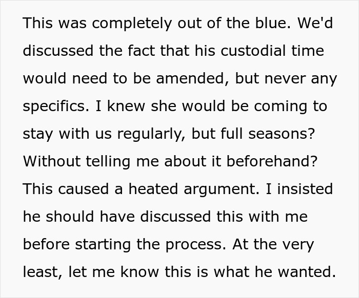Text excerpt about a heated argument over changes to custodial time causing relationship issues with men who have kids. Text excerpt about a heated argument over changes to custodial time causing relationship issues with men who have kids.