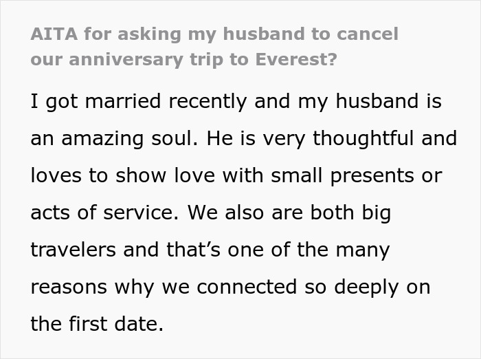 Text excerpt from a story where a man gets majorly hurt after his wife asks to cancel their anniversary trip. Text excerpt from a story where a man gets majorly hurt after his wife asks to cancel their anniversary trip.
