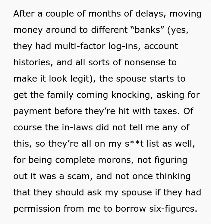 Text excerpt about scam investment involving educated person, spouse, zero savings, and immense debt consequences.
