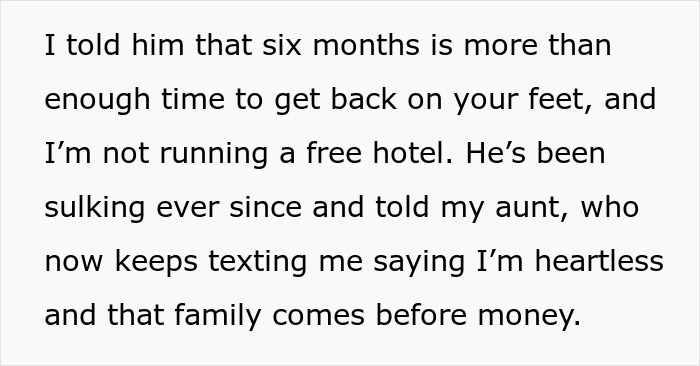 Text excerpt discussing a cousin mooching off family for six months and being called heartless over $400 rent demand.