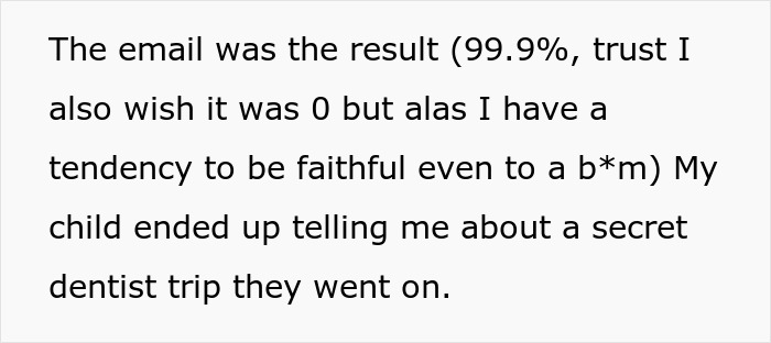 Text excerpt from a family email discussing a secret dentist trip amid ancestry test tensions.