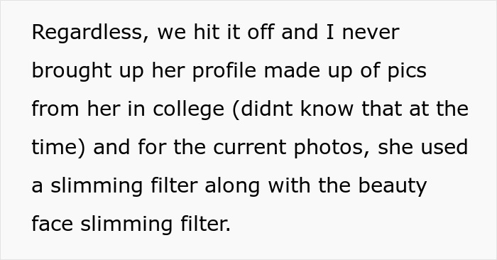Text discussing a gym influencer using slimming and beauty face filters on photos, causing issues in her relationship. Text discussing a gym influencer using slimming and beauty face filters on photos, causing issues in her relationship.