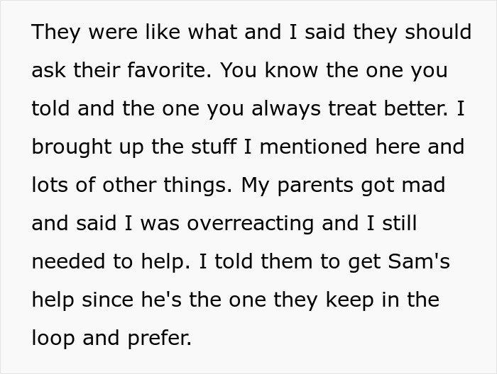 Text excerpt showing conflict with toxic parents favoring golden child son while younger son refuses to help with the house. Text excerpt showing conflict with toxic parents favoring golden child son while younger son refuses to help with the house.