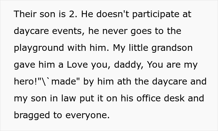 Text describing absentee husband not participating in daycare events while grandson gives a heartfelt message to him. Text describing absentee husband not participating in daycare events while grandson gives a heartfelt message to him.