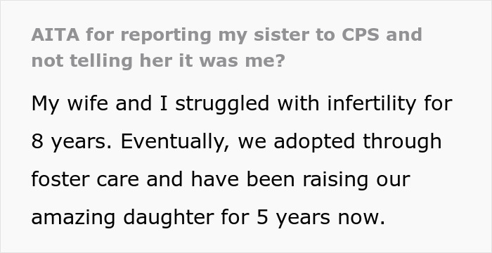 Man reports sister to CPS after overhearing her illegal baby adoption plan in a family dispute discussion text.