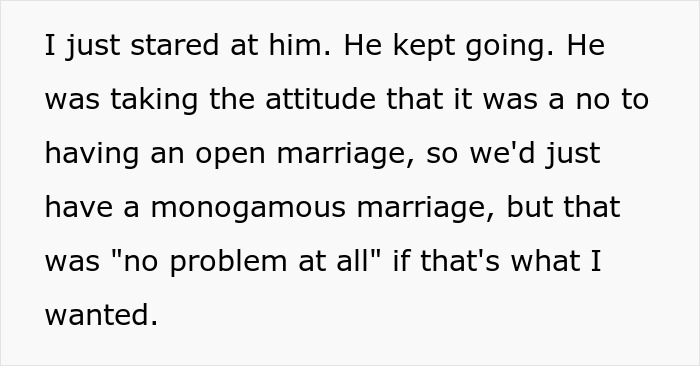 Text excerpt showing a conversation about open marriage and monogamous marriage preferences. Text excerpt showing a conversation about open marriage and monogamous marriage preferences.
