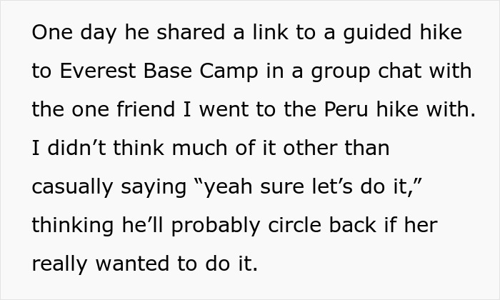 Text excerpt describing a man planning a surprise anniversary trip and discussing a guided hike to Everest Base Camp. Text excerpt describing a man planning a surprise anniversary trip and discussing a guided hike to Everest Base Camp.