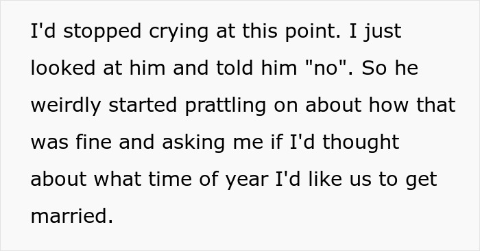 Text excerpt showing a conversation about marriage rejection and a surprising open marriage twist. Text excerpt showing a conversation about marriage rejection and a surprising open marriage twist.