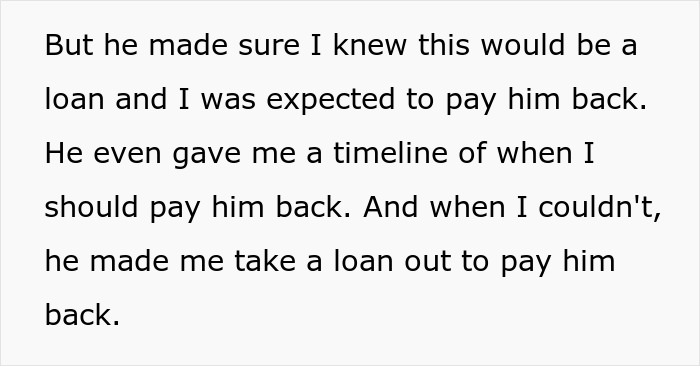 Text excerpt describing a girlfriend forced by her millionaire boyfriend to take a loan to pay him back a financial favor.