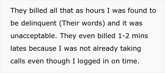 Text excerpt showing an employee describing management and HR issues causing life difficulties by billing late times unfairly. Text excerpt showing an employee describing management and HR issues causing life difficulties by billing late times unfairly.