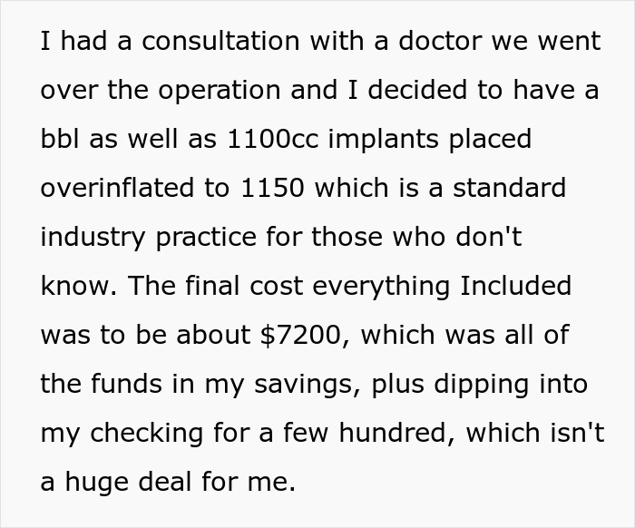 Text about single mom spending thousands on plastic surgery including BBL and implants with expected support. Text about single mom spending thousands on plastic surgery including BBL and implants with expected support.