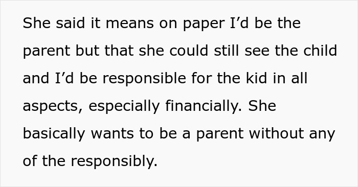 Text about woman struggling financially to afford her miracle baby and asking half-brother to adopt it.