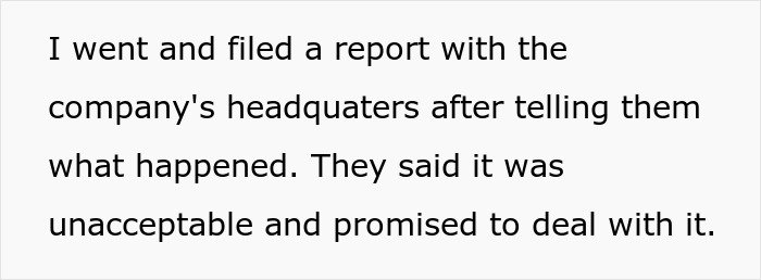 Text on a white background describing filing a report with company headquarters after a coworker snooped in a woman's purse. Text on a white background describing filing a report with company headquarters after a coworker snooped in a woman's purse.