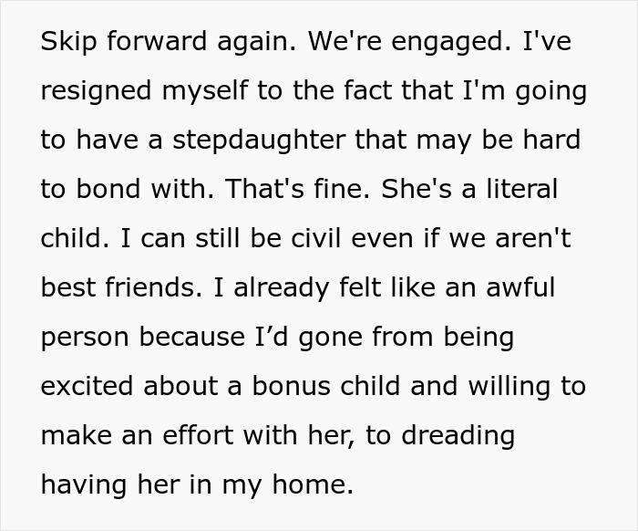 Text excerpt discussing challenges of bonding with a stepdaughter and feelings about dating men with kids. Text excerpt discussing challenges of bonding with a stepdaughter and feelings about dating men with kids.