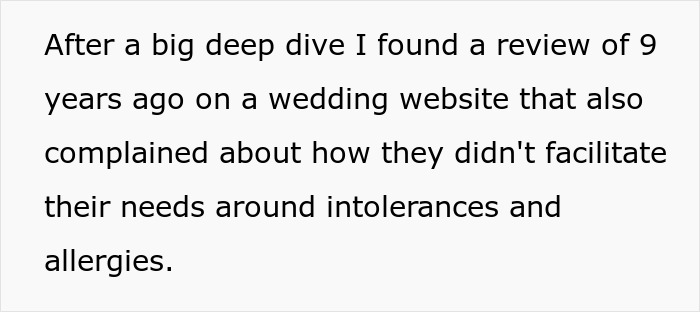 Text describing a negative wedding vendor review mentioning failure to accommodate bride’s allergy and cupcake needs. Text describing a negative wedding vendor review mentioning failure to accommodate bride’s allergy and cupcake needs.