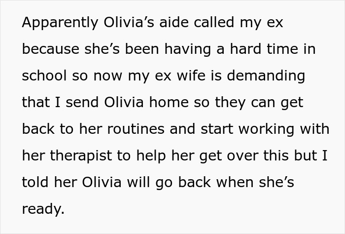 Text excerpt about autistic child Olivia refusing to go home after discovering woman’s work trip was a vacation. Text excerpt about autistic child Olivia refusing to go home after discovering woman’s work trip was a vacation.