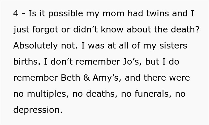 Text excerpt discussing a sister revealed dead brother lie with no evidence of twins, deaths, funerals, or depression.