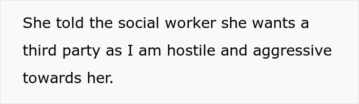 Text message discussing a social worker and a request for a third party due to hostility and aggression. Text message discussing a social worker and a request for a third party due to hostility and aggression.