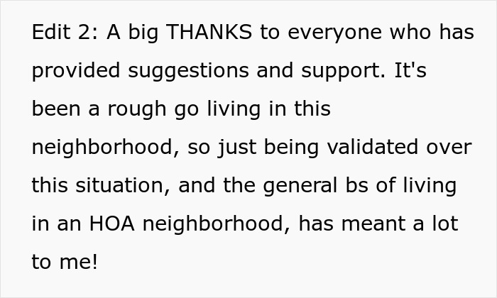 Text post expressing gratitude for support regarding HOA neighborhood challenges and pet ownership conflicts. Text post expressing gratitude for support regarding HOA neighborhood challenges and pet ownership conflicts.
