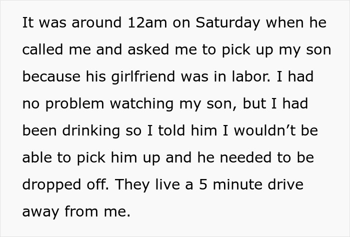 Mom refuses to drive drunk to pick up 4YO while ex argues for 30 minutes during girlfriend's labor.