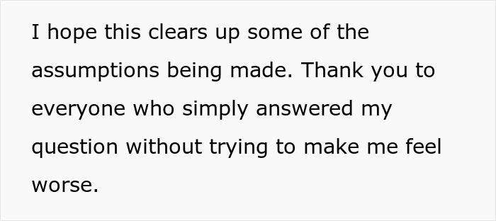 Text on a white background reads a woman clarifying assumptions and thanking those who answered her question without judgment. Text on a white background reads a woman clarifying assumptions and thanking those who answered her question without judgment.