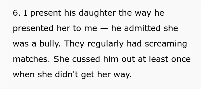 Text excerpt discussing a man admitting his daughter is a bully with frequent screaming matches and cussing. Text excerpt discussing a man admitting his daughter is a bully with frequent screaming matches and cussing.