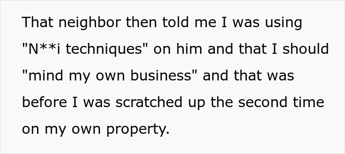 Text excerpt about neighbor accusing someone of using techniques and telling them to mind their own business before being scratched, related to HOA pet rules conflict. Text excerpt about neighbor accusing someone of using techniques and telling them to mind their own business before being scratched, related to HOA pet rules conflict.