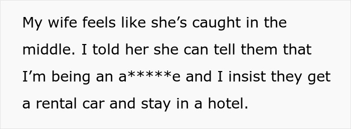 Text about husband refusing to host wife’s distant relatives again, suggesting they get a rental car and stay in a hotel. Text about husband refusing to host wife’s distant relatives again, suggesting they get a rental car and stay in a hotel.