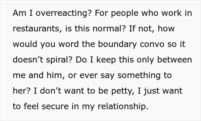 Text post discussing relationship boundaries and insecurity about a work wife sending hearts and mirror selfies. Text post discussing relationship boundaries and insecurity about a work wife sending hearts and mirror selfies.