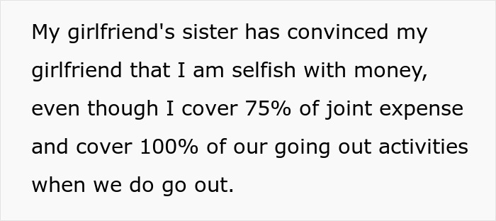 Text excerpt about a woman demanding combined income while her boyfriend is called selfish with money despite covering most expenses. Text excerpt about a woman demanding combined income while her boyfriend is called selfish with money despite covering most expenses.