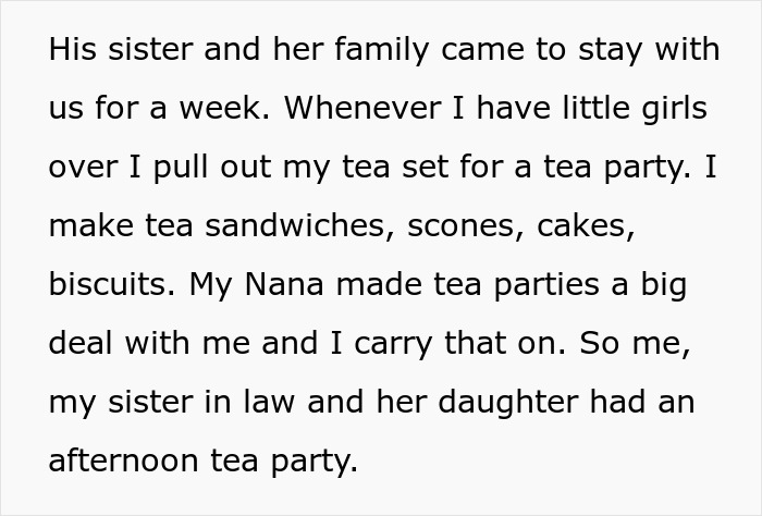Text describing a family tea party including a tea set, highlighting conflict from stealing the wife’s tea set. Text describing a family tea party including a tea set, highlighting conflict from stealing the wife’s tea set.