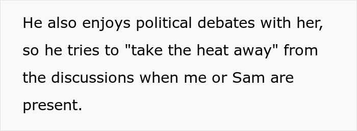 Text excerpt discussing political debates and attempts to ease tension, related to mom admitting she likes one daughter more.