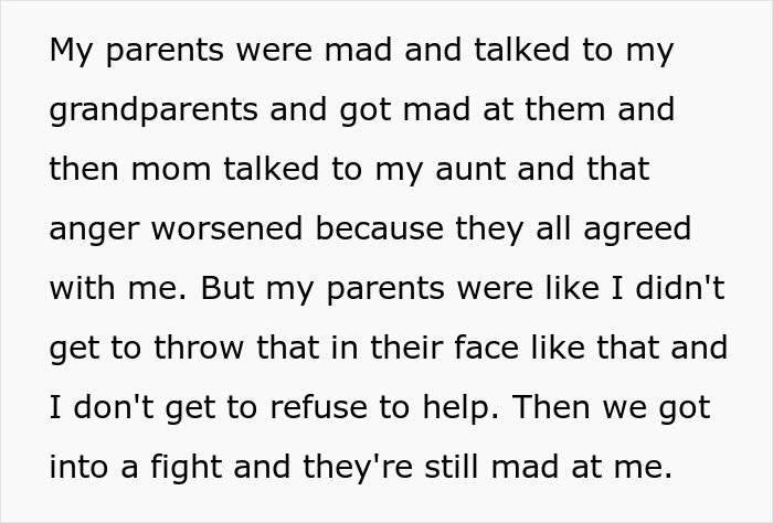 Text excerpt showing conflict with toxic parents favoring golden child son while younger son refuses to help with house chores. Text excerpt showing conflict with toxic parents favoring golden child son while younger son refuses to help with house chores.