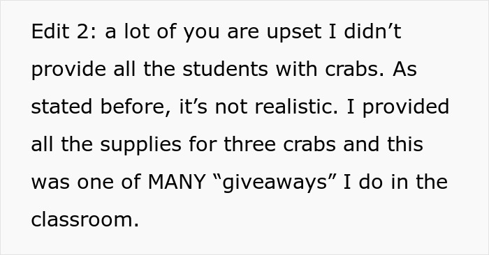 Text excerpt explaining a teacher’s decision to give kids hermit crabs as pets and address concerns about the number of crabs. Text excerpt explaining a teacher’s decision to give kids hermit crabs as pets and address concerns about the number of crabs.