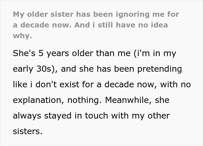 Text post about a sibling cutting off contact for a decade and parents ignoring the conflict despite the Instagram block.