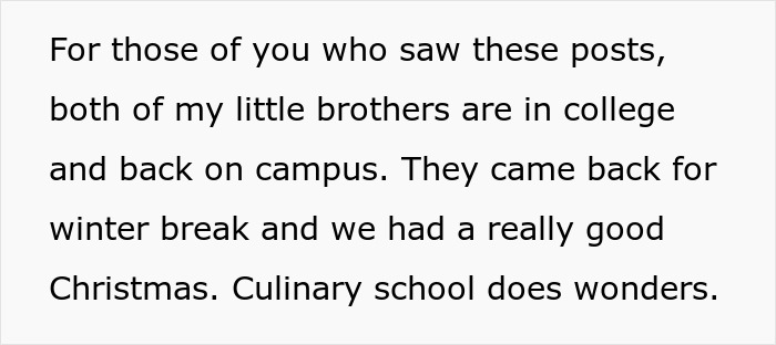 Text update on family situation after kids don’t want to see their ex-con mom, with a positive holiday and college update. Text update on family situation after kids don’t want to see their ex-con mom, with a positive holiday and college update.