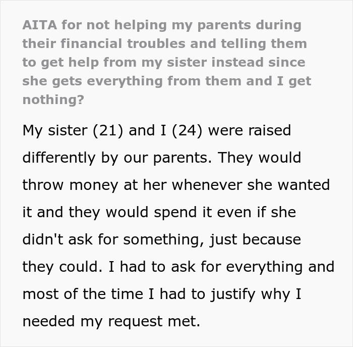 Text excerpt about parents spoiling daughter while neglecting son during financial troubles, seeking help. Text excerpt about parents spoiling daughter while neglecting son during financial troubles, seeking help.