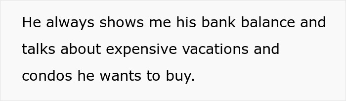 Text on image with a couple discussing finances, highlighting a millionaire boyfriend showing bank balance and expensive plans.