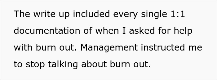 Text excerpt showing a worker’s statement about management banning discussion of burnout and hostile work environment issues. Text excerpt showing a worker’s statement about management banning discussion of burnout and hostile work environment issues.