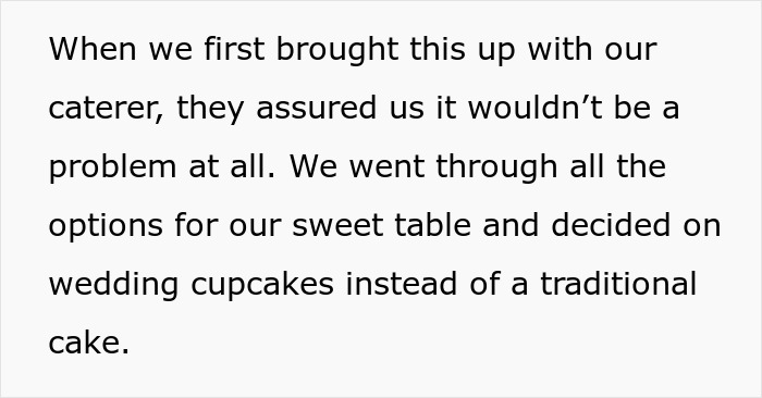 Text describing wedding vendors causing issues with bride’s allergy by not providing her wedding cupcakes as promised. Text describing wedding vendors causing issues with bride’s allergy by not providing her wedding cupcakes as promised.